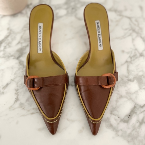 Manolo Blahnik Chartreuse Chocolate Leather Kitten Heels Size 37 - Picture 2 of 12